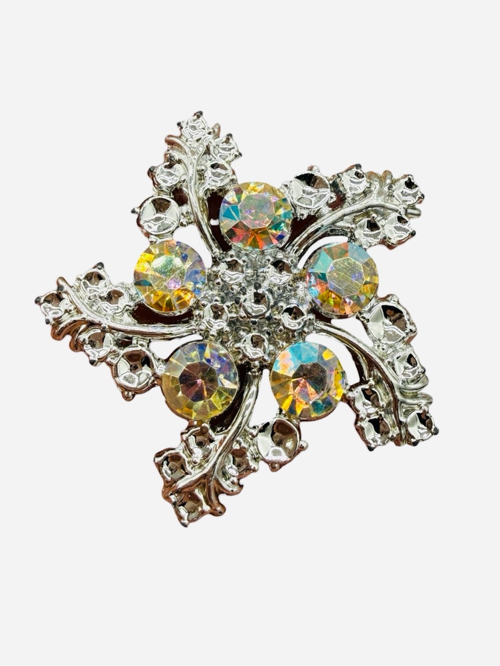 Vintage 1950s-60s Aurora Crystal Pinwheel/ Starburst Brooch - Silver